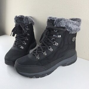 Skechers Trego-Stormie Ankle Boot Black Faux Fur Lace Up Waterproof Wmns Sz 9.5